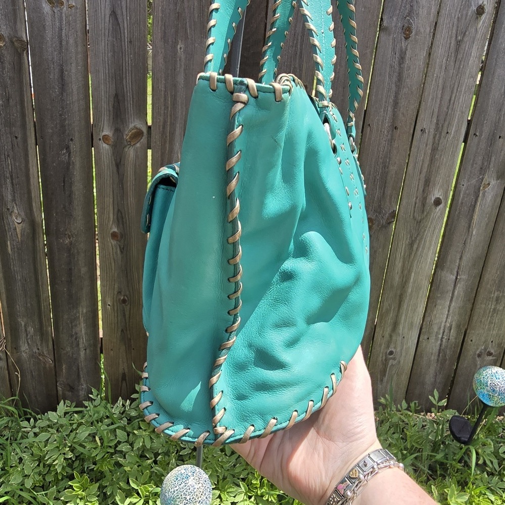 Vtg Y2k Rare Michael Kors Teal Woven Whipstitch Leather Satchel Shoulder Handbag - Picture 3 of 15